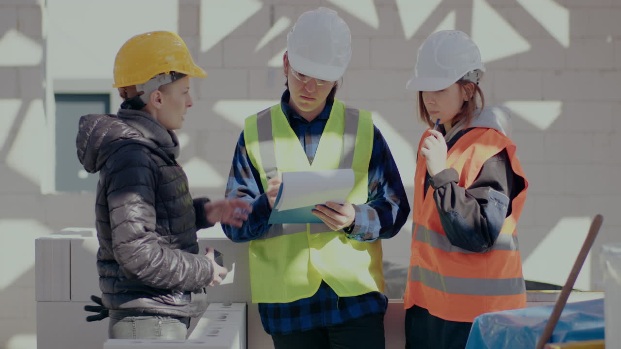 Confident young female contractor instructing while discussing with workers at construction site