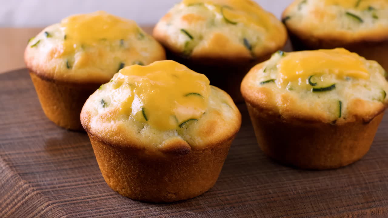 Delicious Zucchini Muffins with Melted Cheese Topping on Wooden Board