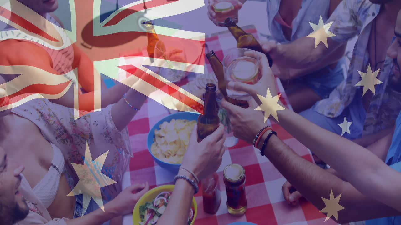 Toasting drinks at picnic gathering with animation over Australian flag