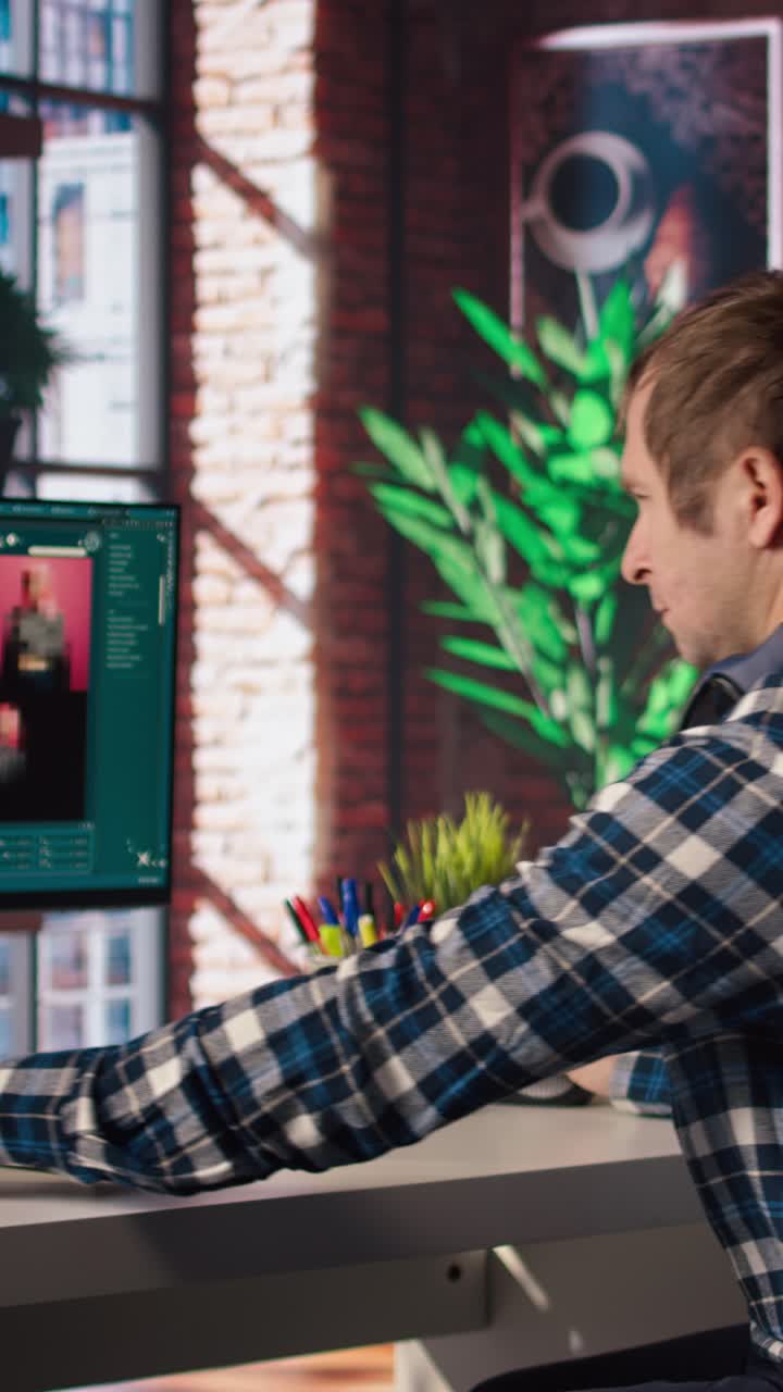 Vertical video Employee in home office making AI software turning text prompt into photos