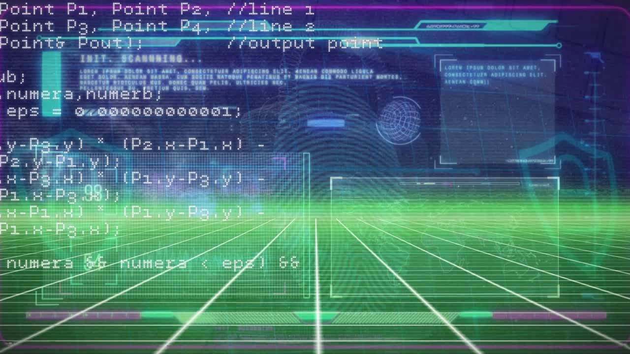 Animation of data processing and grid man squares in blue and black space