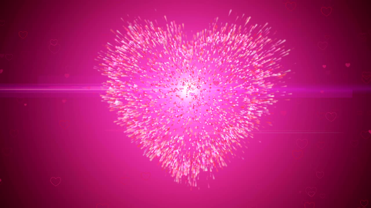 Motion background, Red pink heart shape particle explosion. Light ray beam effect.
