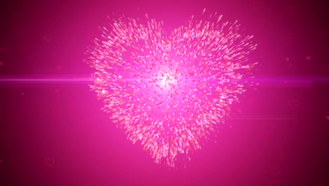 motion background, red pink heart shape particle explosion. light ray beam effect.