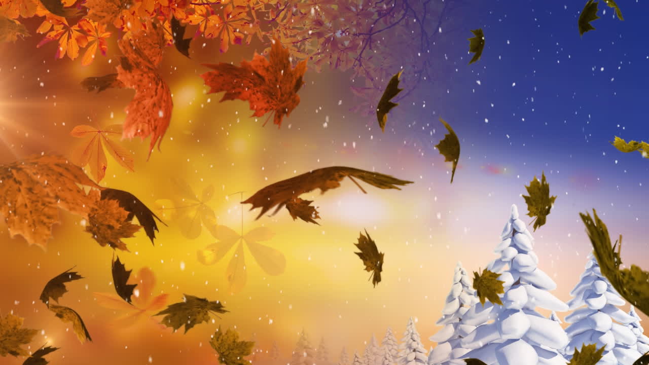 크리스마스 눈, 반 ⁇ 이는 불빛과 눈으로  ⁇ 인 나무 위를 날아다니는 잎의 애니메이션