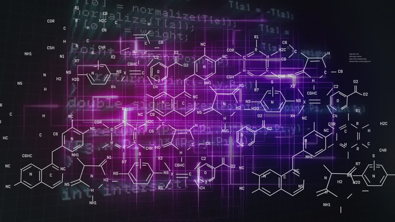 animación de fórmulas químicas y datos sobre un fondo rosa, violeta y negro