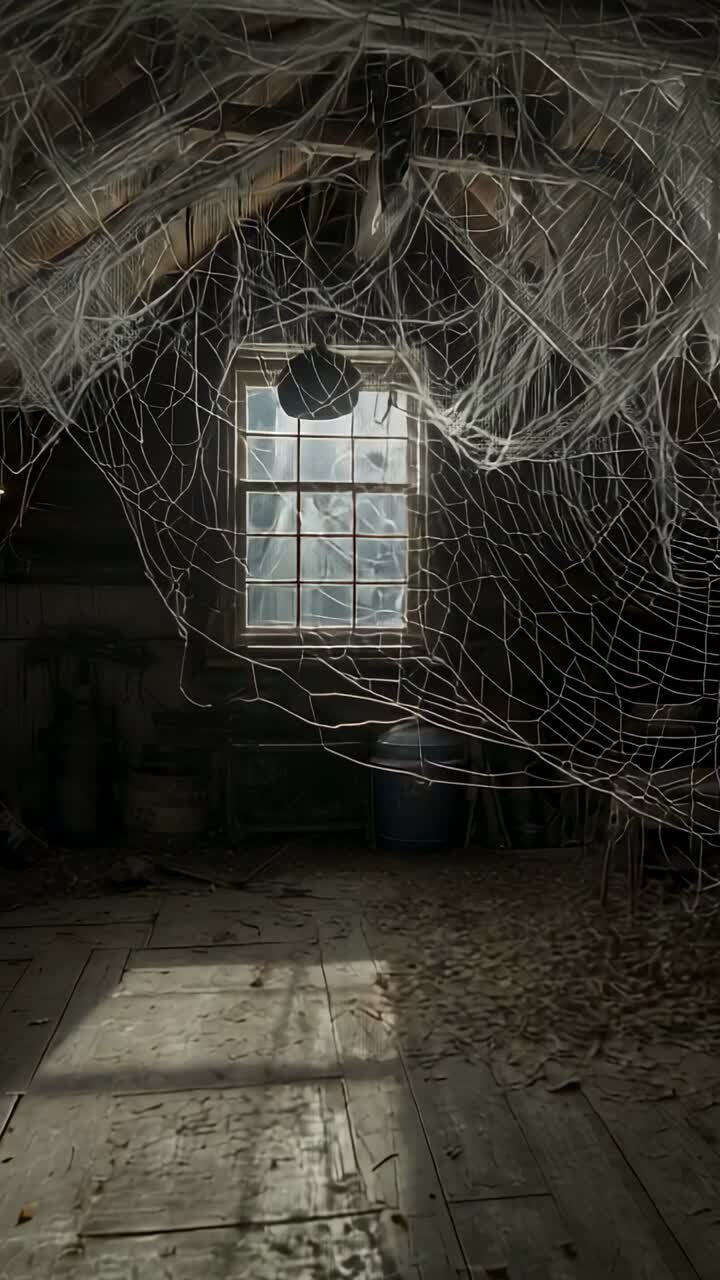 Vertical video: Stationary camera capturing attic workshop, with tangled ropes hanging near window