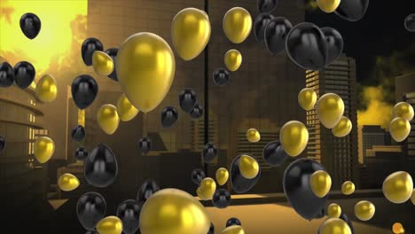 animación de iconos de globos sobre el paisaje urbano
