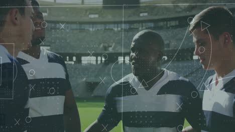 animation of game plan over diverse male rugby players