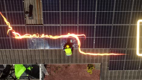 hombre limpiando paneles solares con icono de batería añadido y visualización - render cgi