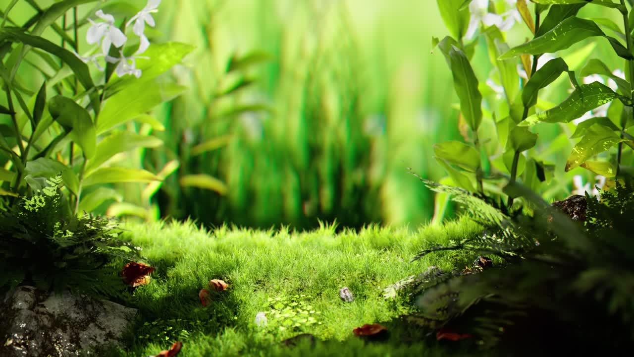 Erba verde vivace e fogliame con luce solare in una foresta pacifica