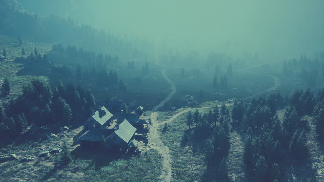 viejo pueblo de madera en el fondo de la montaña rocosa