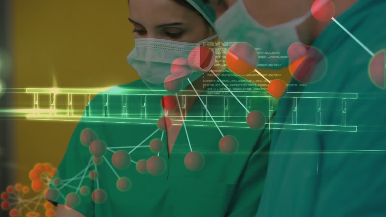 animación de adn rotando sobre mujeres y hombres caucásicos médicos con máscaras faciales