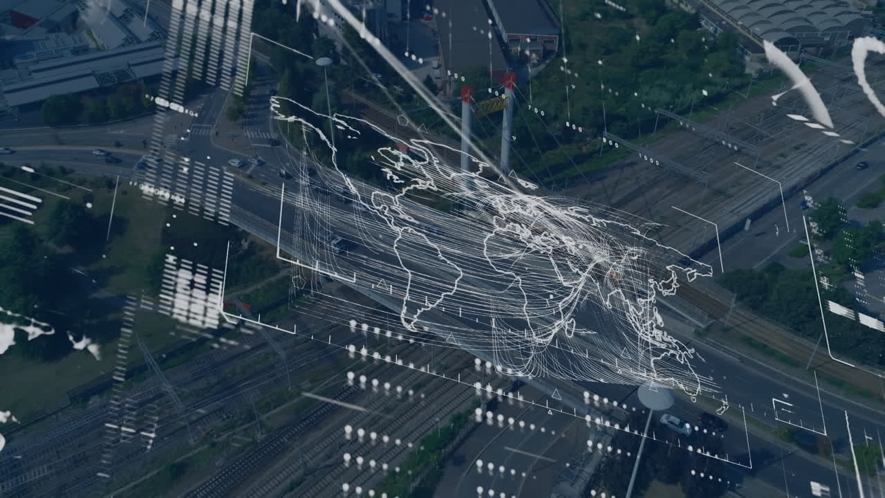 Animation of interface with data processing over world map against aerial view of city traffic