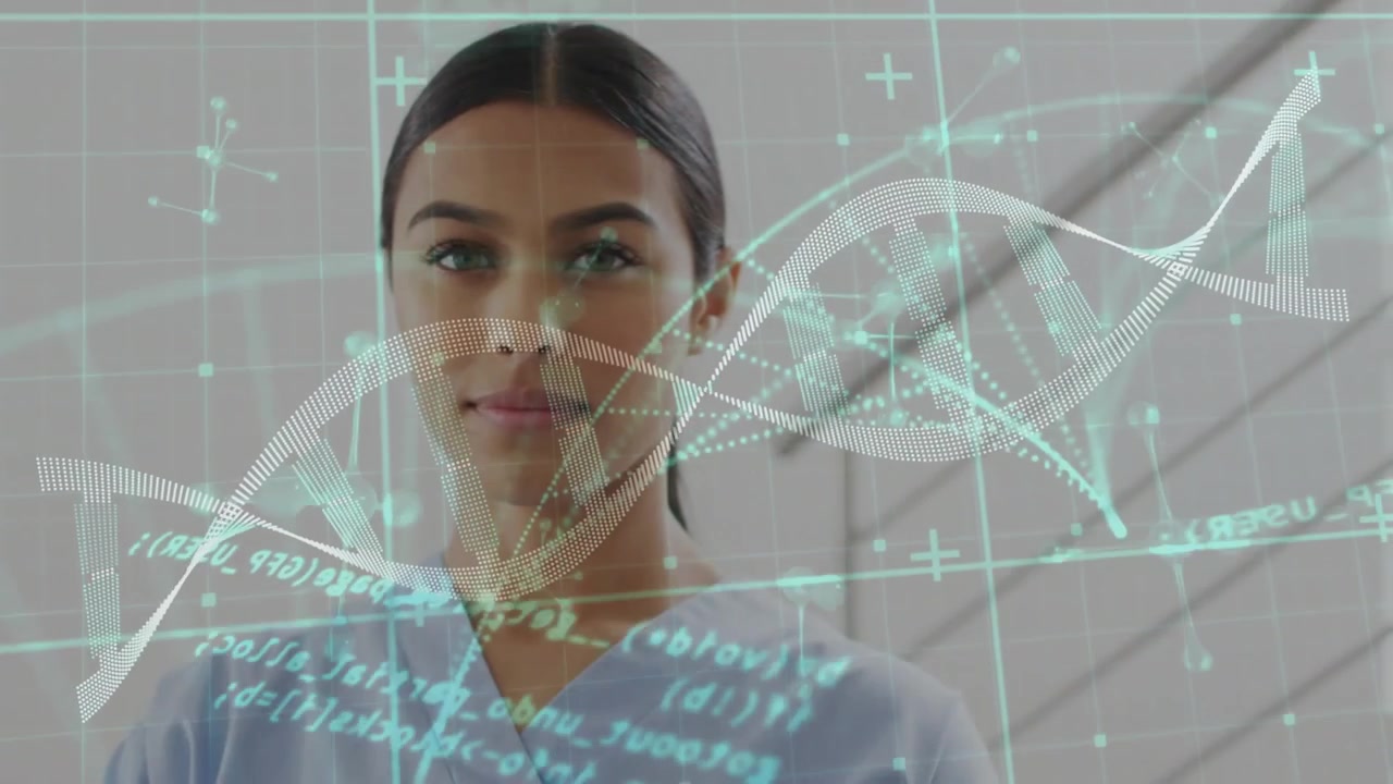 Vertical video: Observing woman in blue scrubs analyzing DNA hologram appearing in medical corridor