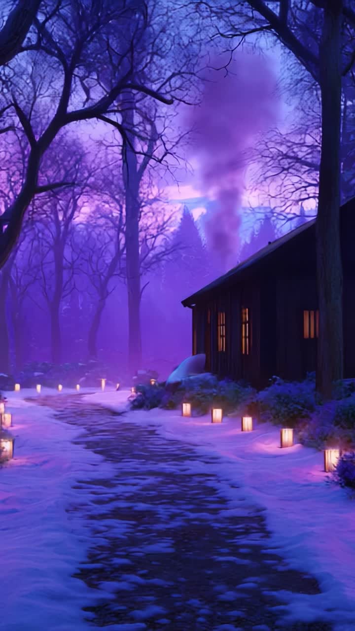 A Serene Winter Evening: A Dreamy Pathway with Glowing Lanterns Leading to a Cozy Cabin Surrounded by Snowy Trees and a Mystical Purple Sky, Creating a Peaceful and Enchanting Atmosphere