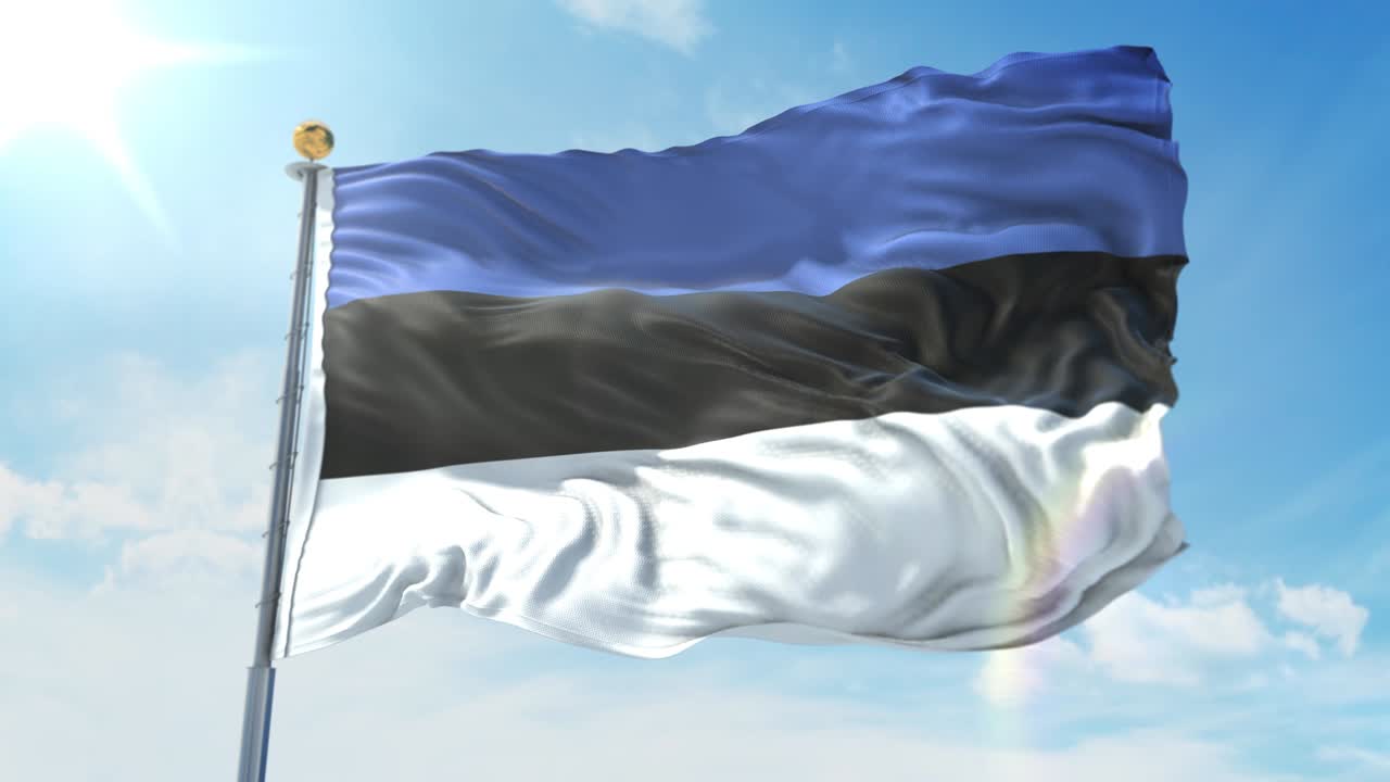 깊은 파란 하늘을 배경으로 바람에 흔들리는 에스토니아 발: 국가 테마, 국제 개념, 3d 렌더링 원활한 루프 4k