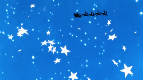 animación de estrellas cayendo sobre santa claus en trineo con renos en fondo azul