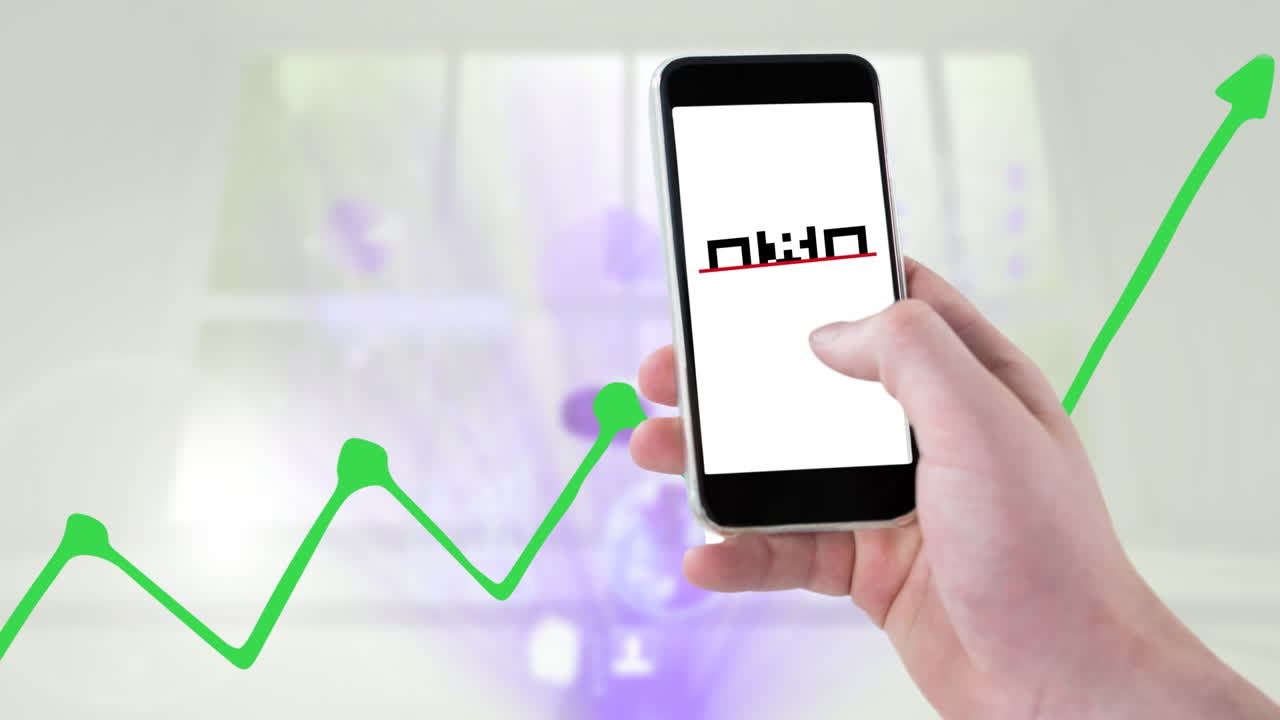 animación del procesamiento de datos a mano con teléfono inteligente y código qr