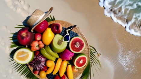 tropical fruit arrangement on a sunny beach with hat and sunglasses