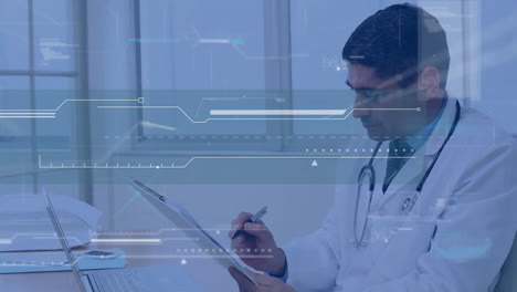 doctor reviewing patient notes in medical office, displaying digital interface with animated charts