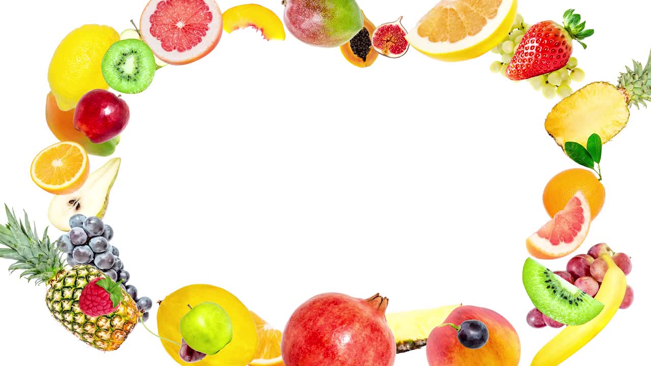 Creative 4k stop motion video animation of many different tropical fruits appearing from the center, freezing for a moment and flying in different directions on a white background. Fruit explosion.