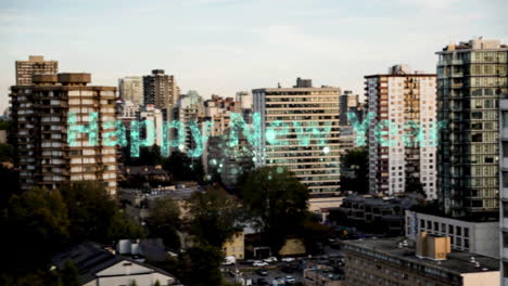 happy new year text over fireworks bursting against aerial view of cityscape