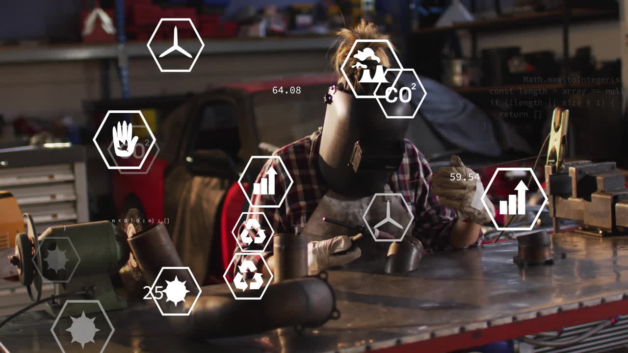 Welder working with metal, surrounded by data processing and animation icons