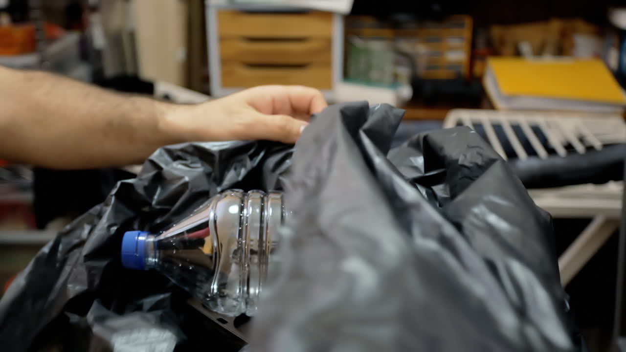 en el hogar, reciclando varios artículos de material plástico almacenándolos en una bolsa negra