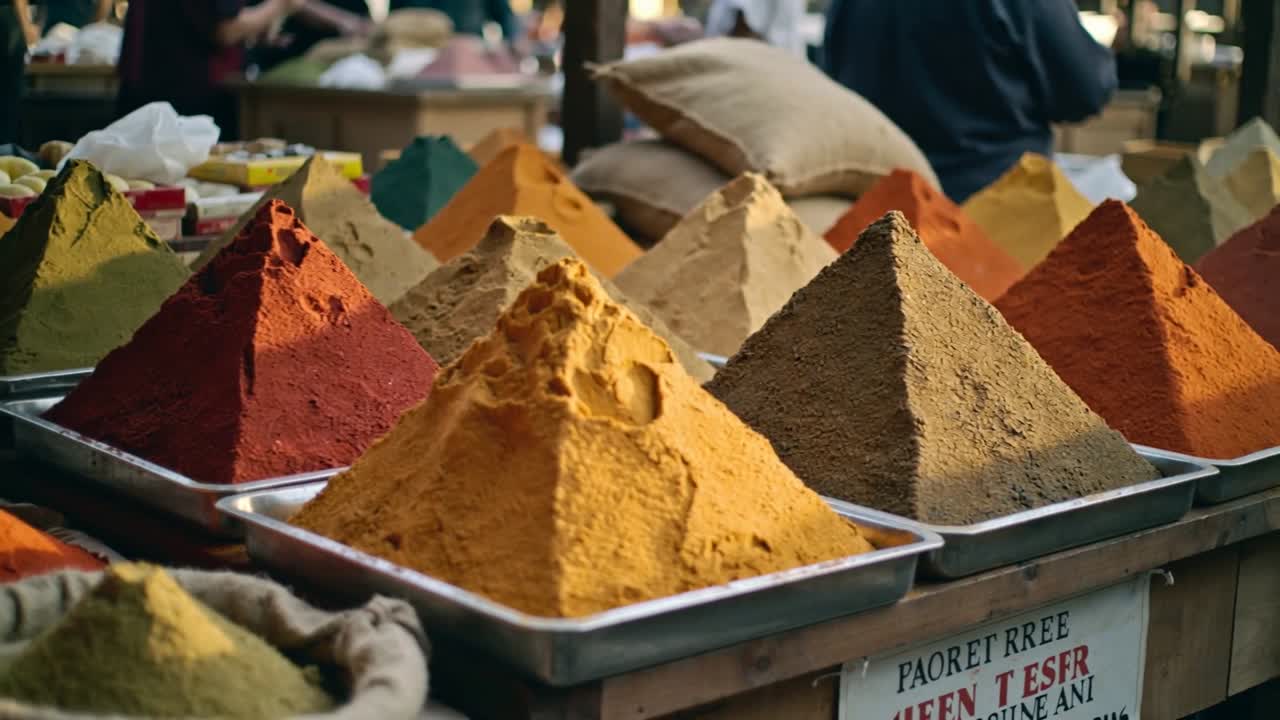 Framing yellow spice pyramid cam shifting as vendors passing behind stall to sell spice on trays