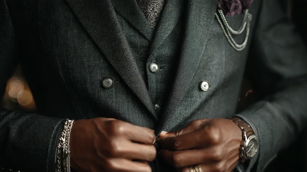Élégance sophistiquée : Gros plan sur un costume sur mesure mettant en valeur des détails complexes, des boutons et des accessoires qui incarnent l'esthétique intemporelle de la mode masculine.