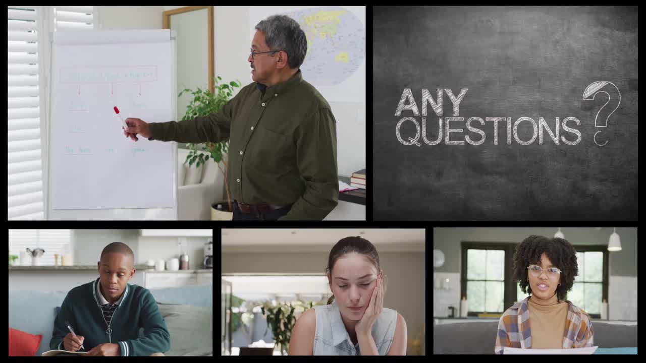 pantallas con llamada en línea de diversos maestros varones, estudiantes y cualquier texto de preguntas