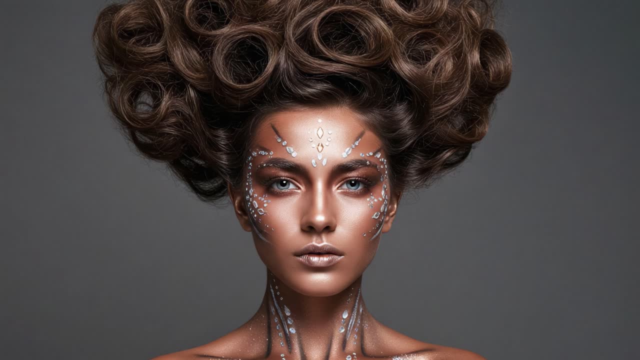 Ritratto Mozzafiato di una Modella con Acconciatura Elaborata e Trucco Artistico per il Viso, che Mette in Mostra l'Arte della Pelle e Caratteristiche Vivaci in un'Esposizione Accattivante