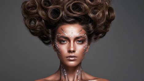 stunning portrait of a model with elaborate hairstyle and artistic face makeup, showcasing skin artistry and vibrant features in a captivating display