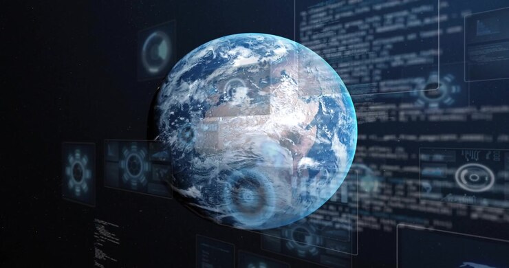 Planet Earth rotating in stars, causing sliding HUD panels overlaying globe and showing tech data