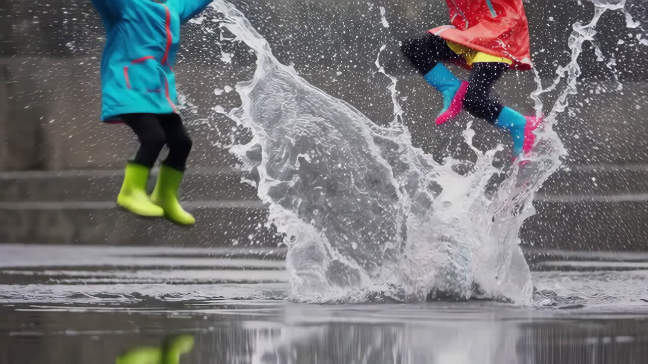 Kids Joyfully Splashing in Puddles