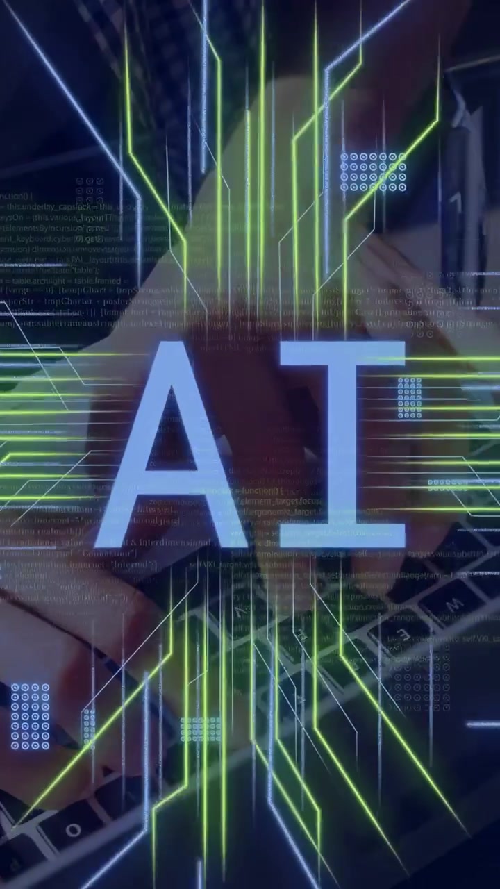 Vertical video: Typing hands launching neon lines, code blocks converging, showing AI processing