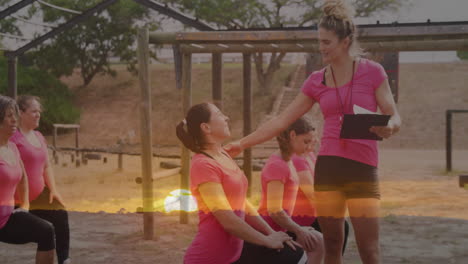 exercising outdoors, women in pink workout gear stretching with sunset animation