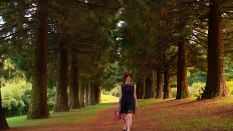 smiling young woman with red hat and black dress is walking towards the camera, holding a red vintage suitcase in her right hand