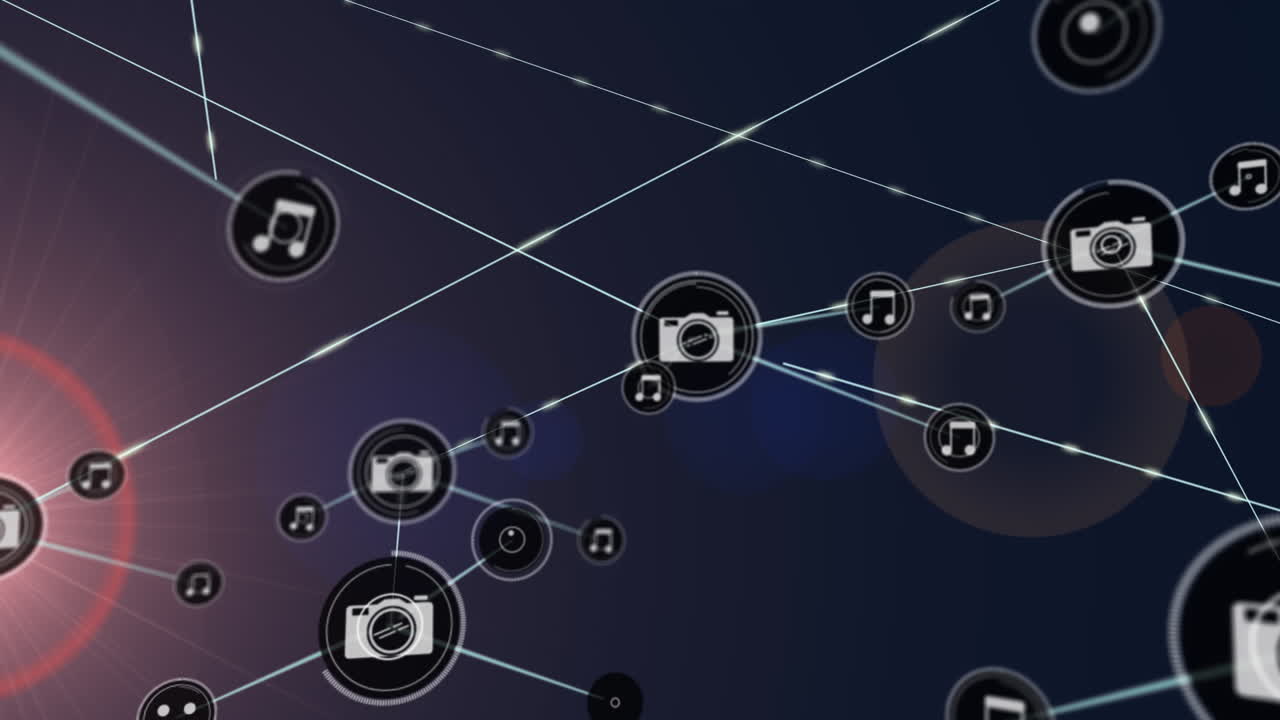 animación de la red de conexiones con iconos sobre luz rosada sobre fondo oscuro