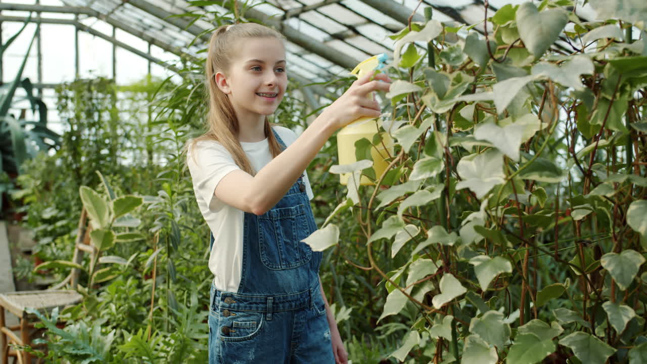 Girl caring for plants in a greenhouse
