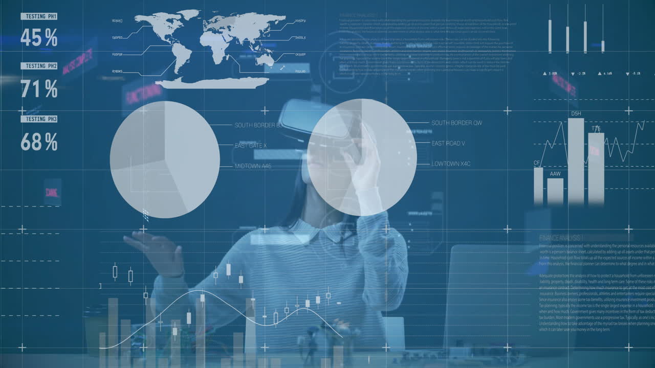 usuario de realidad virtual interactuando con animación de visualización de datos sobre mapas y gráficos del mundo