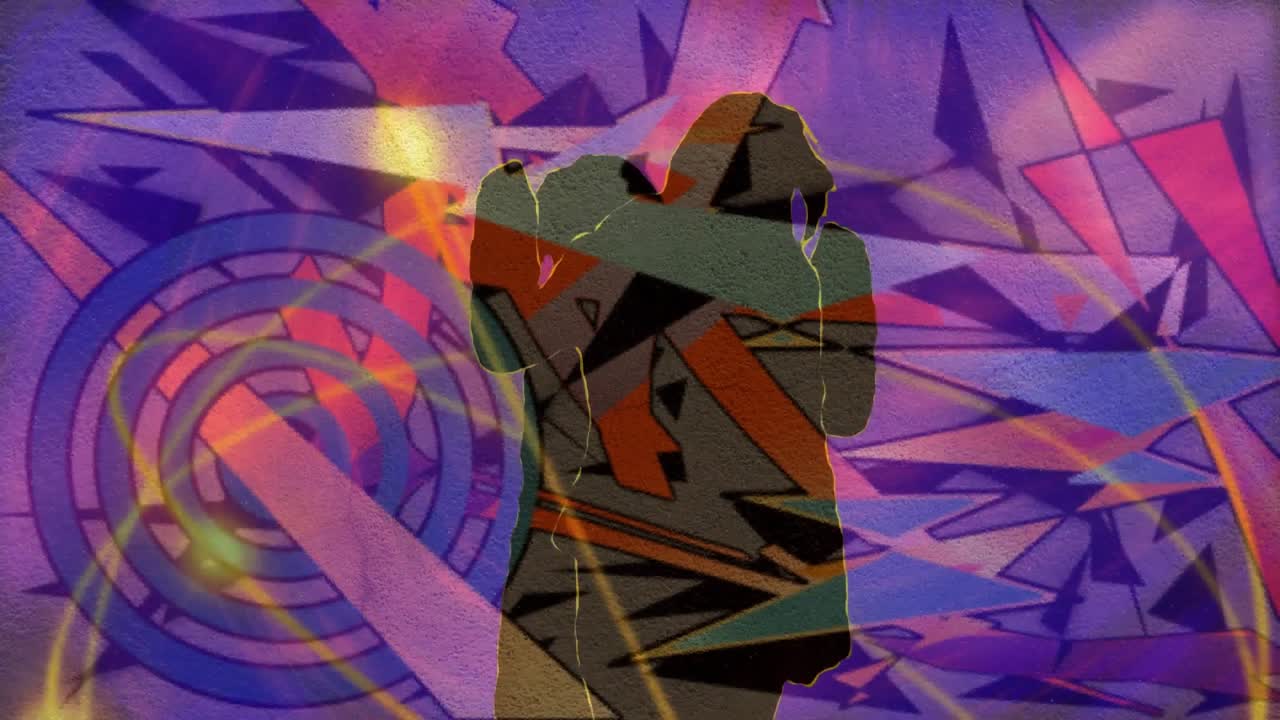 Upon appearing together, figures starting dance raising hands swaying pivoting against projection