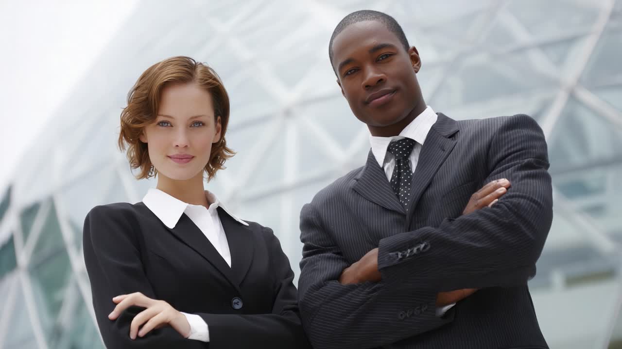 Professional Business Partners Posing Confidently Together in a Modern Urban Environment with Contemporary Architecture in the Background