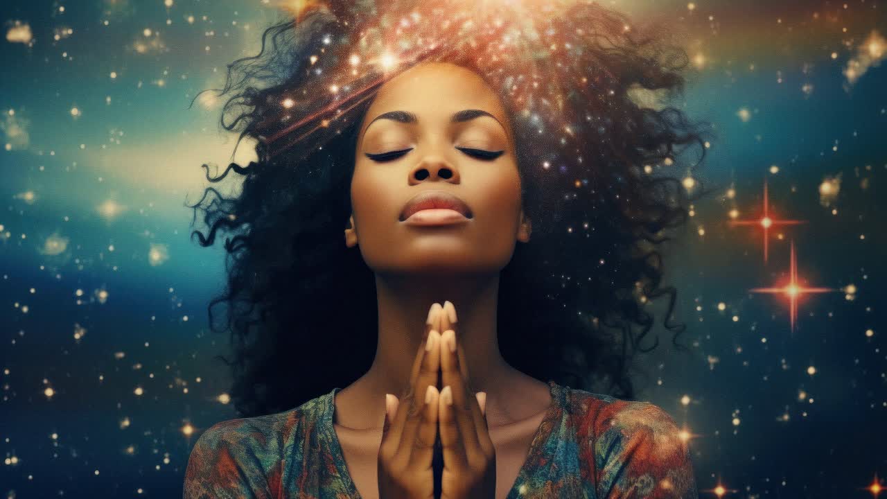 A woman prays with eyes closed, surrounded by cosmic elements