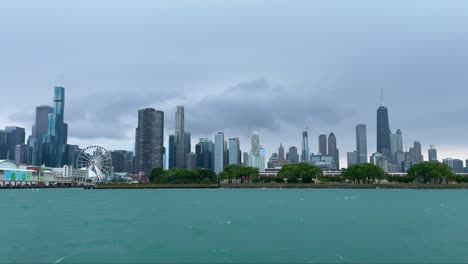chicago dark cloudy rainy skyline wide from boat
