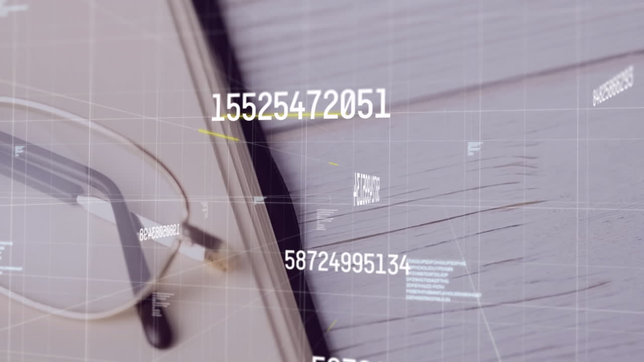 Glasses resting on open book with floating digital numbers and data animation