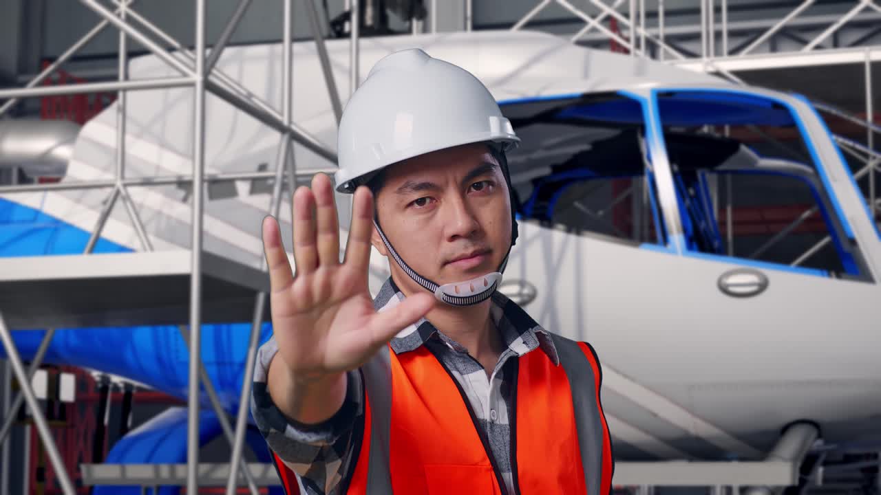 安全ヘルメットを被ったアジア人男性エンジニアのクローズアップ。ヘリコプターの組み立てを検査しながら、手を使わない否定のサインを出している。