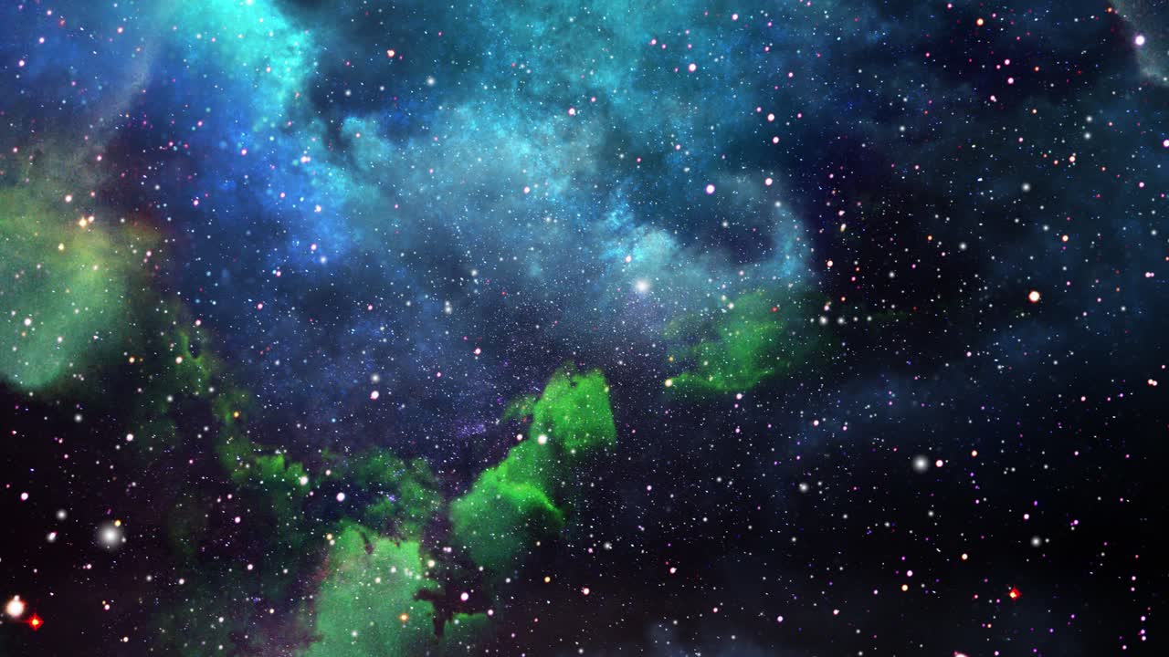 어두운 우주와 청록색 성운 구름 이동