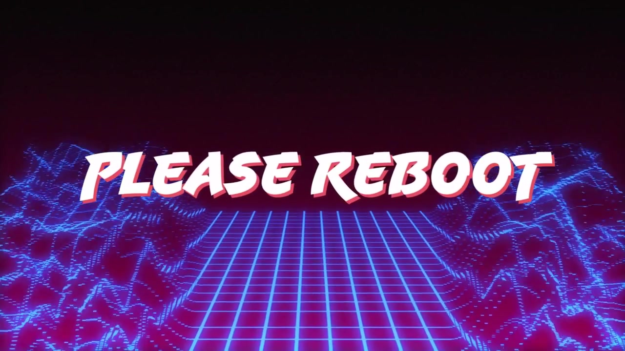 Oversized 3D letters sliding in, glitching into PLEASE REBOOT phrase while neon grid undulating