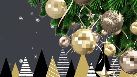 animación del árbol de navidad con adornos y decoraciones sobre la nieve que cae sobre un fondo negro